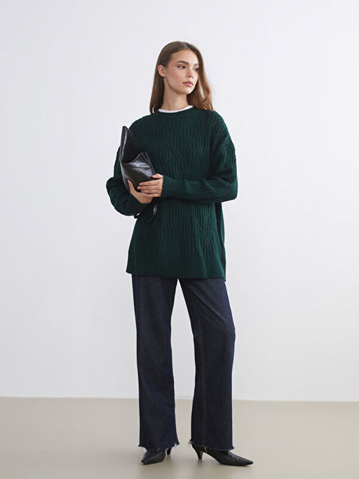 Bisiklet Yaka Kendinden Desenli Kad?n Triko Kazak