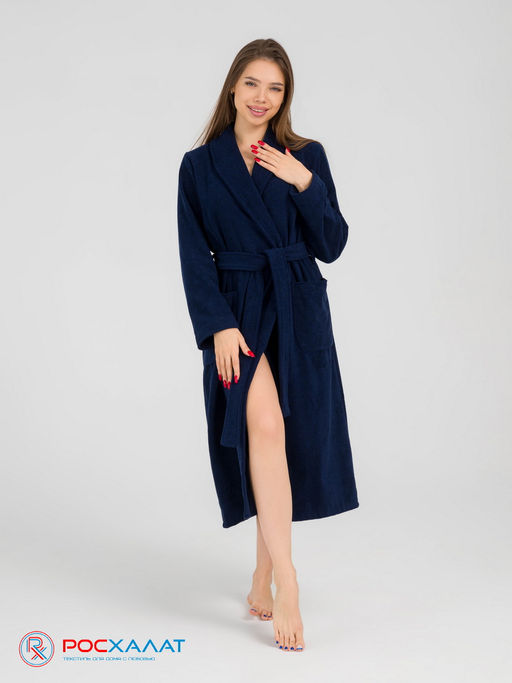 Женский махровый халат с шалькой темно-синий МЗ-02 (88)