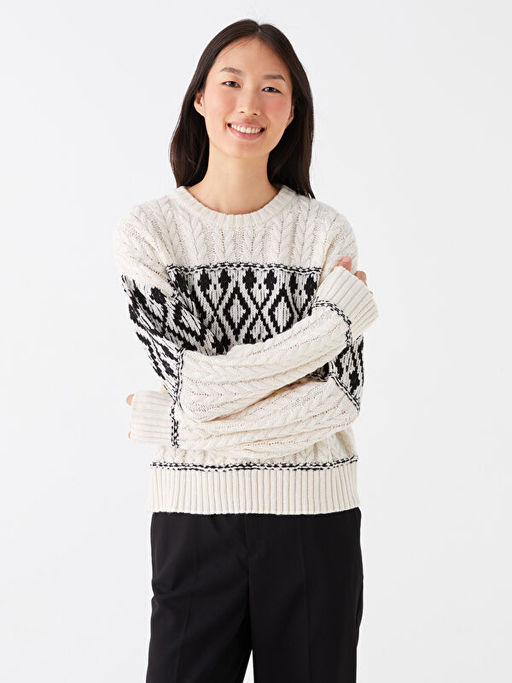 Bisiklet Yaka Desenli Uzun Kollu Kad?n Triko Kazak