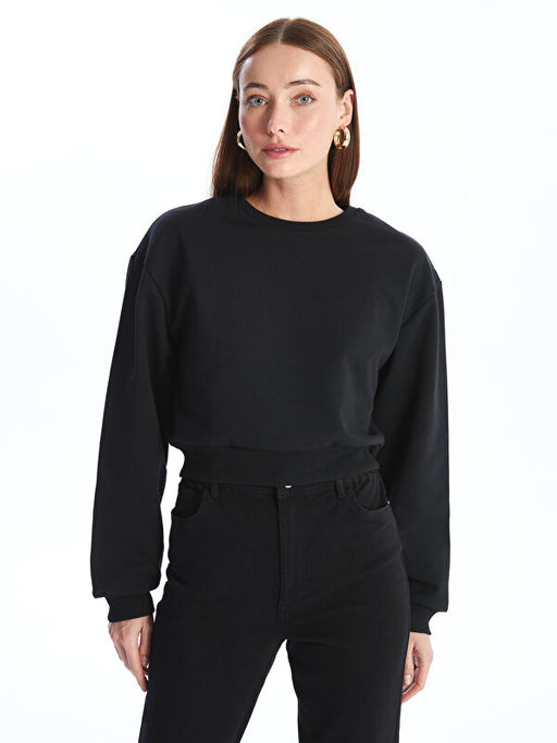 Bisiklet Yaka D?z Uzun Kollu Kad?n Kal?n Sweatshirt