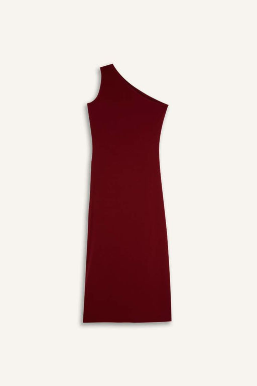 Bodycon Облегающее базовое прямое бордовое красное платье миди на одно плечо - Defacto фото 8