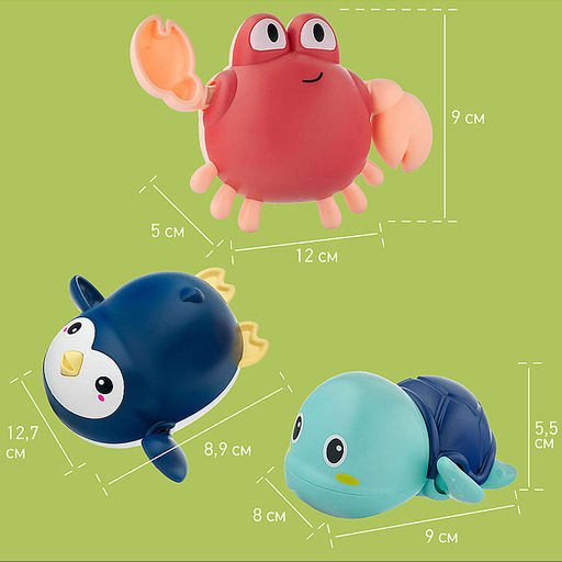 Игрушки для ванной заводные 3 шт (черепаха, краб, пингвин)