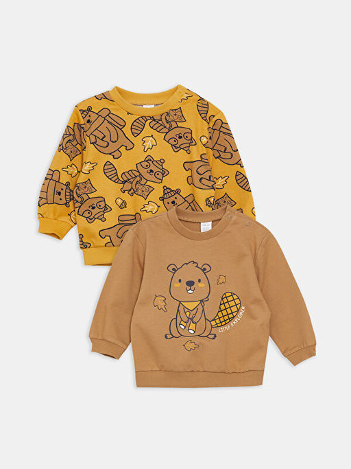 Bisiklet Yaka Uzun Kollu Bask?l? Erkek Bebek Sweatshirt 2li