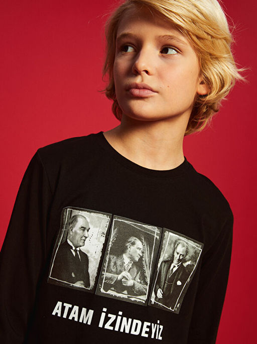 Bisiklet Yaka Atat?rk Bask?l? Uzun Kollu Erkek ?ocuk Ti??rt - Waikiki фото 4