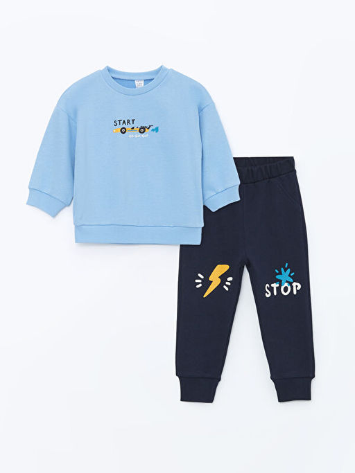 Bisiklet Yaka Bask?l? Erkek Bebek Sweatshirt ve E?ofman Alt 2li Tak?m