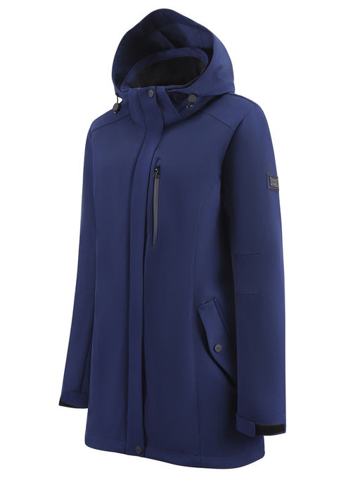 Парка женская софтшелл виндстоппер удлинённая с капюшоном темно-синего цвета 9618_1TS