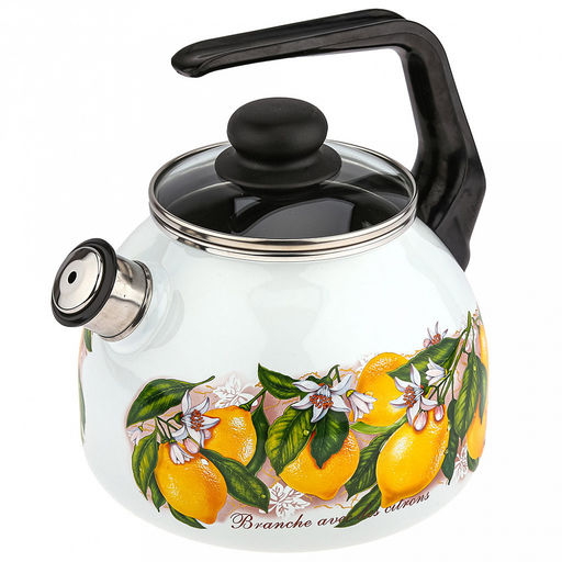 Limon New Чайник эмалированный 3л, д12,5см, h16см, со свистком, сферическая форма, стеклянная крышка, белый (Россия) - Домашняя мода фото 2