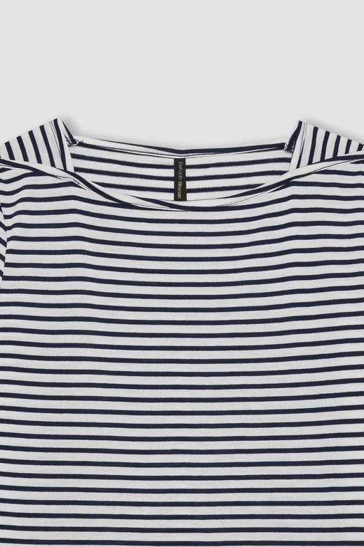Женская полосатая футболка обычного кроя с вырезом лодочкой и короткими рукавами - Defacto фото 2