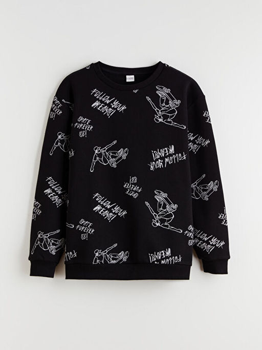 Bisiklet Yaka Bask?l? Erkek ?ocuk Kal?n Sweatshirt