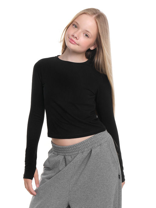 Лонгслив трикотажный спортивный с вырезом для пальца 22-7695 черный - Mini maxi фото 14