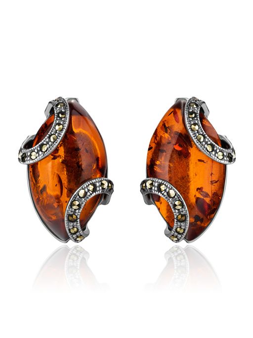 Необычные серьги с марказитами и цельным янтарём Эйфория