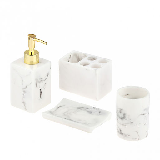 Набор для ванной "Камея" 4 предмета: дозатор для мыла 300мл; мыльница 12,4х8,5х1,8см; стакан для зубных щеток и зубной пасты; стакан 270мл; фурнитура пластик "под золото", акрил, бело-серый, в коробке (Китай)