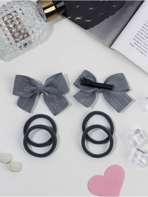 Цена за 6 шт. Набор для волос «Школьница галант», 4 резинки 3.5 см, 2 зажима 6.5 см, полосы, серый