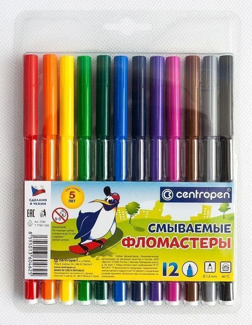 Фломастеры Centropen ПИНГВИНЫ смываемые 12 цв. шестигранный корпус, стандартные, блистер