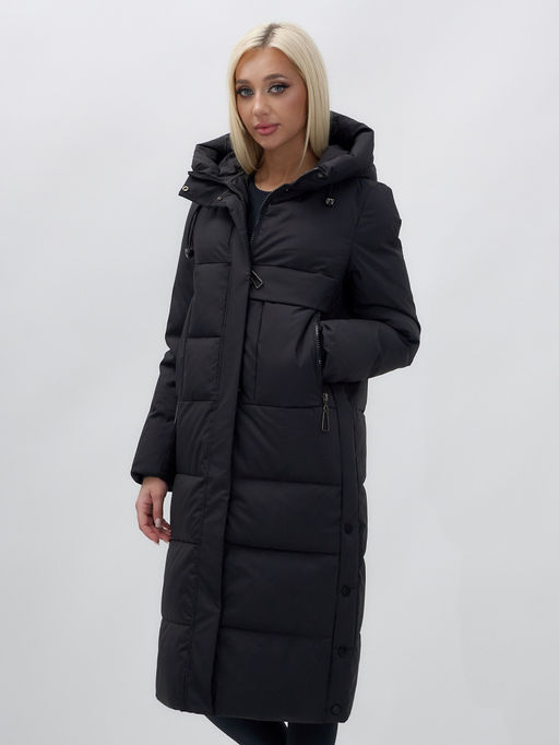 Пальто утепленное стеганное зимнее с капюшоном женское черного цвета 9628Ch - Mtforce фото 13