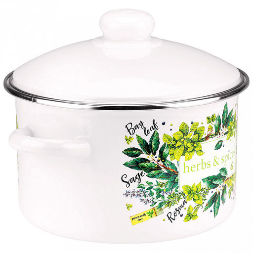 "Травы и специи" Кастрюля эмалированная 3л, цилиндрическая форма, металлическая крышка, ободок из нержавеющей стали, белый (Россия)