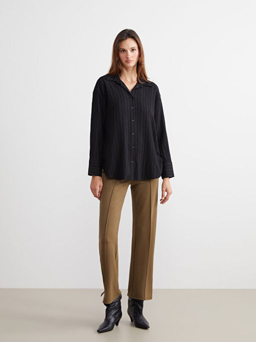 ?izgili Keten Kar???ml? Oversize Kad?n G?mlek