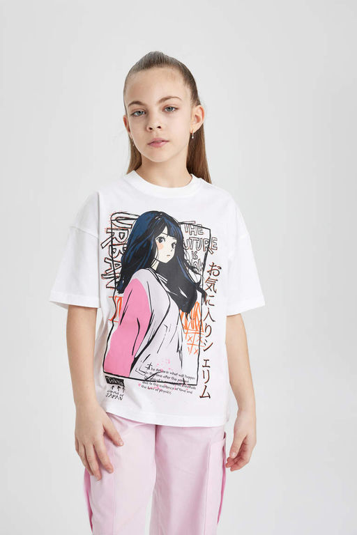 Футболка оверсайз с принтом и короткими рукавами для девочек