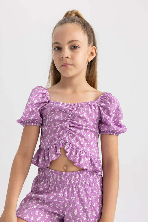 Укороченная футболка с короткими рукавами и складками для девочек - Defacto фото 4