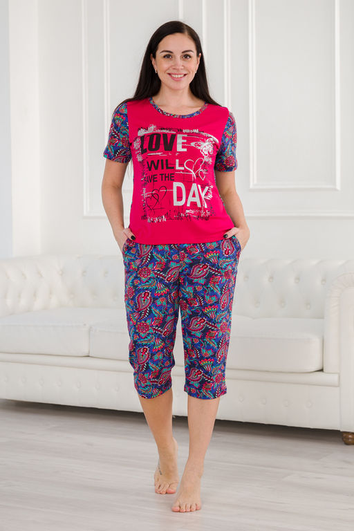 Пижама женская домашний интерлок из футболки и бридж LOVE ночной сад