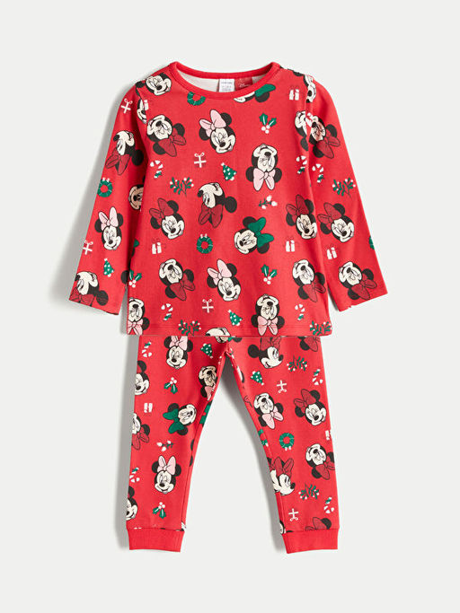 Bisiklet Yaka Minnie Mouse Bask?l? K?z Bebek Pijama Tak?m?
