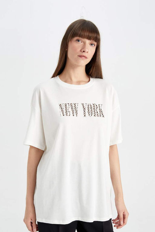 Футболка оверсайз с круглым вырезом и принтом из чесаного хлопка с короткими рукавами - Defacto фото 5