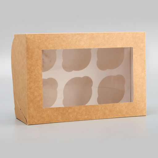 Коробка для 6 капкейков с окном, крафт, 25×17×10 см