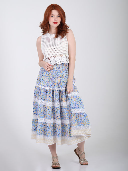 Юбка с мелким цветочным принтом летняя с кружевом