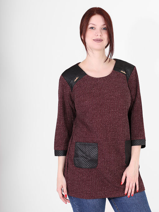 Туника с накладными карманами из экокожи - Almond фото 2