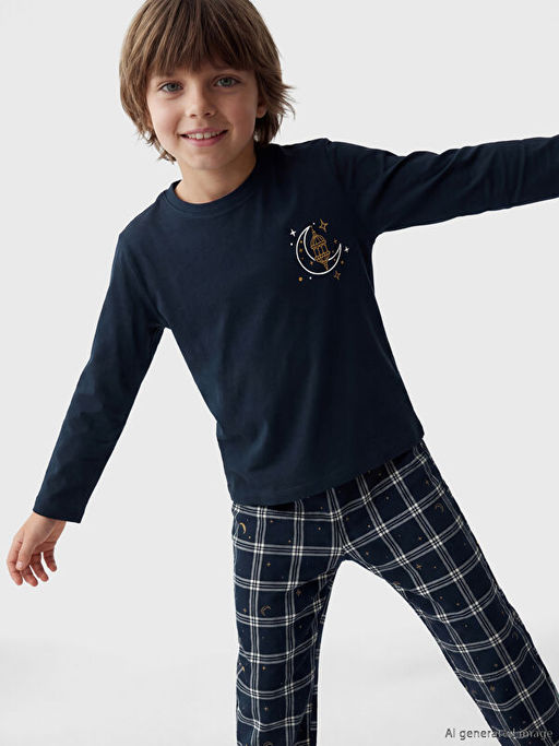 Bisiklet Yaka Bask?l? Erkek ?ocuk Pijama Tak?m