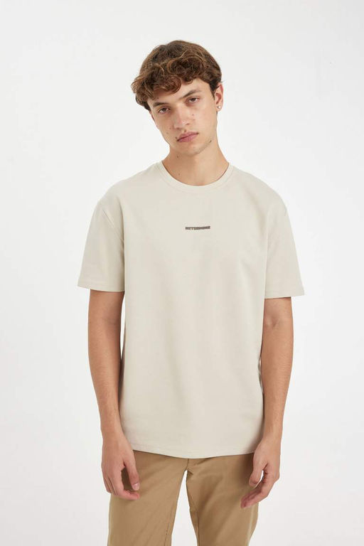 Футболка из плотной ткани с короткими рукавами и круглым вырезом обычного кроя с принтом - Defacto фото 3