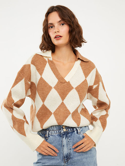 Polo Yaka Baklava Desenli Kad?n Triko Kazak