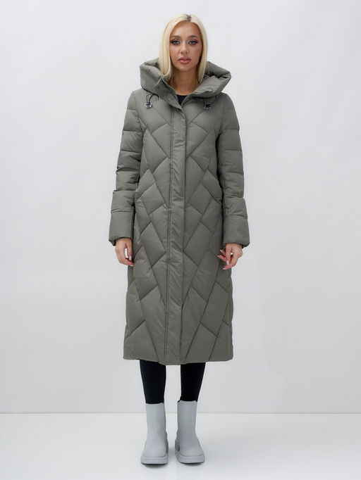 Пальто утепленное стеганное зимнее с капюшоном женское цвета хаки 9612Kh - Mtforce фото 2