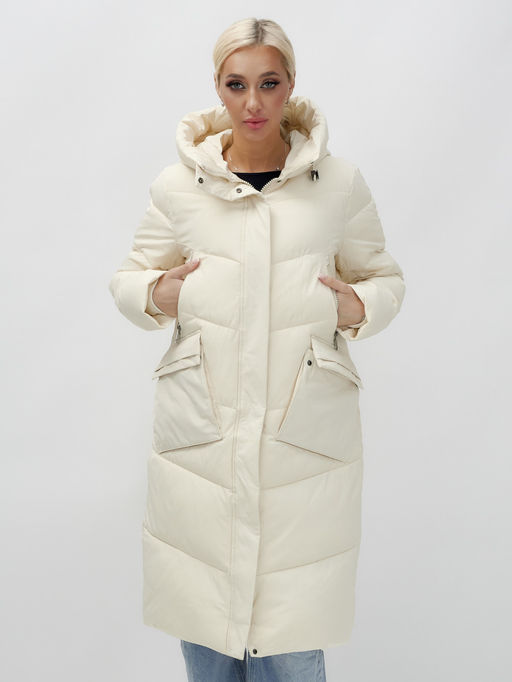 Пальто утепленное стеганное зимнее с капюшоном женское бежевого цвета 9639B - Mtforce фото 2