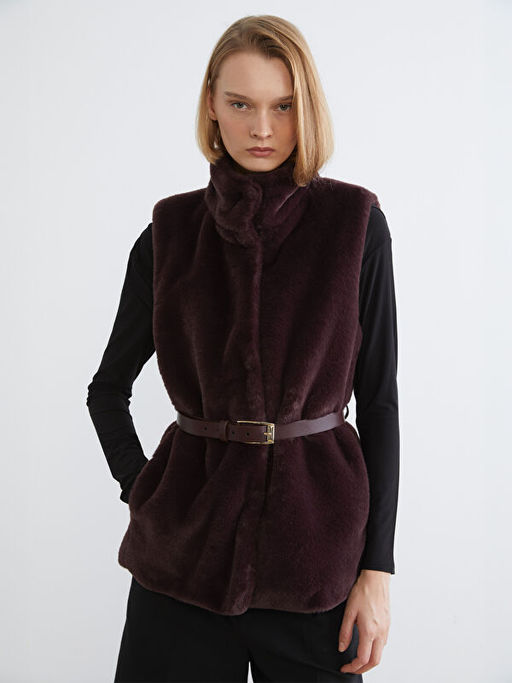 Dik Yaka Beli Kemerli Kad?n K?rk Yelek