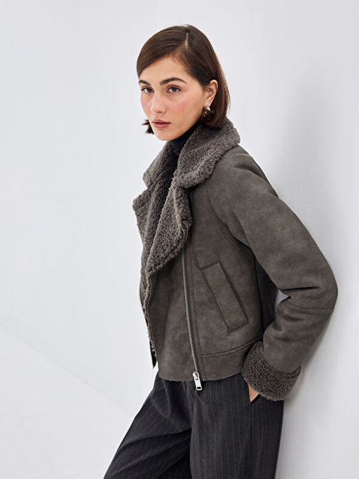 Kad?n G?mlek Yaka D?z Deri G?r?n?ml? Mont