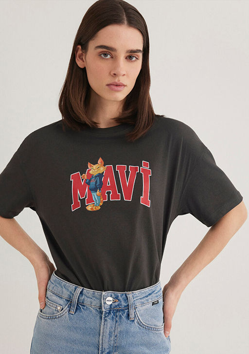 Kedi Logo Bask?l? Antrasit Tisort - Mavi фото 2