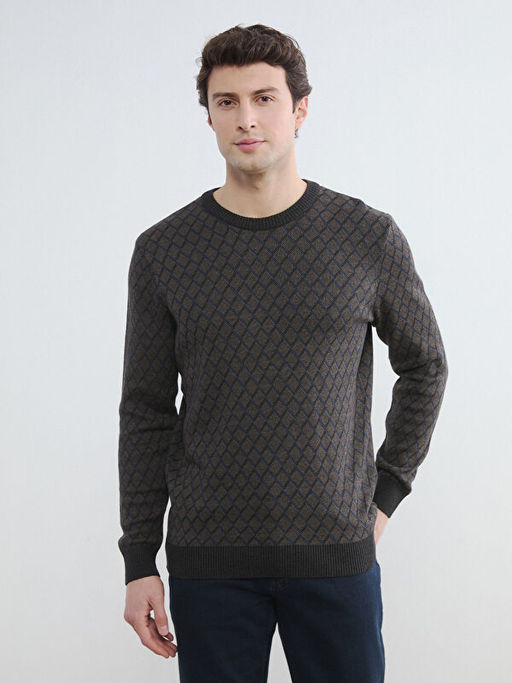 Bisiklet Yaka Desenli Erkek Triko Kazak