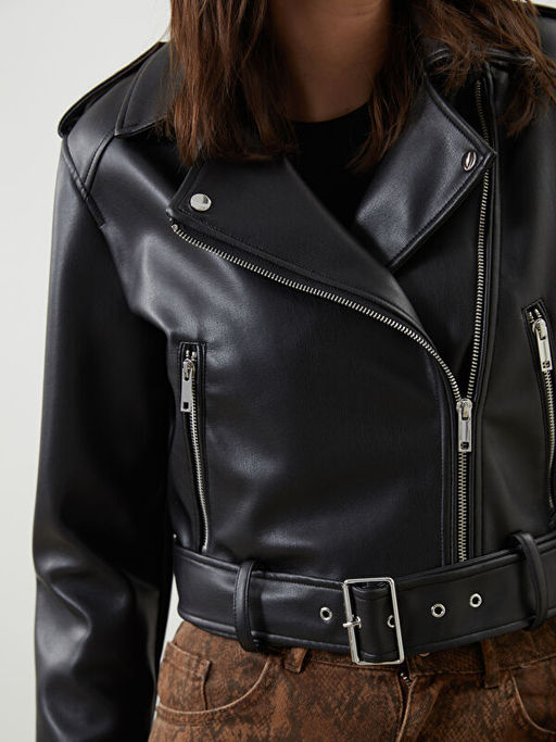 Biker Yaka Kad?n Deri G?r?n?ml? Ceket