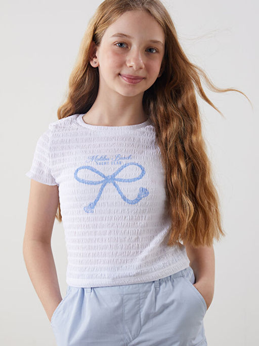 Bisiklet Yaka Fiyonk Bask?l? K?z ?ocuk Ti??rt