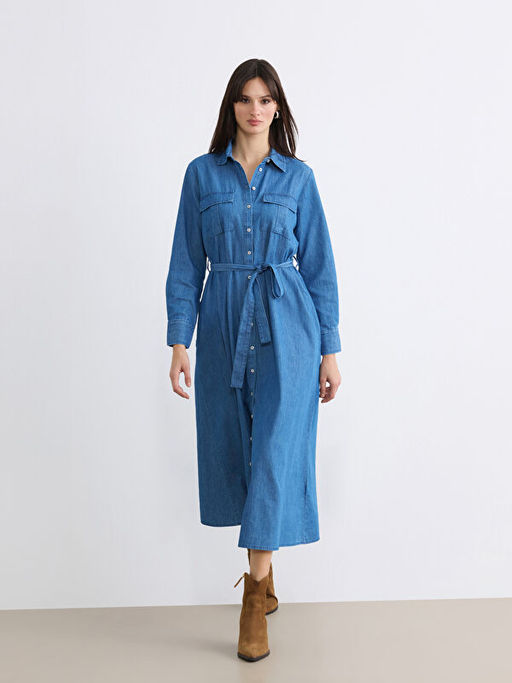 G?mlek Yaka Beli Ku?akl? Jean Elbise