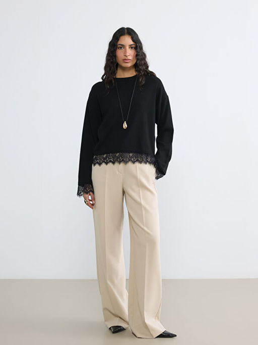 Bisiklet Yaka Dantel Detayl? Kad?n Kazak