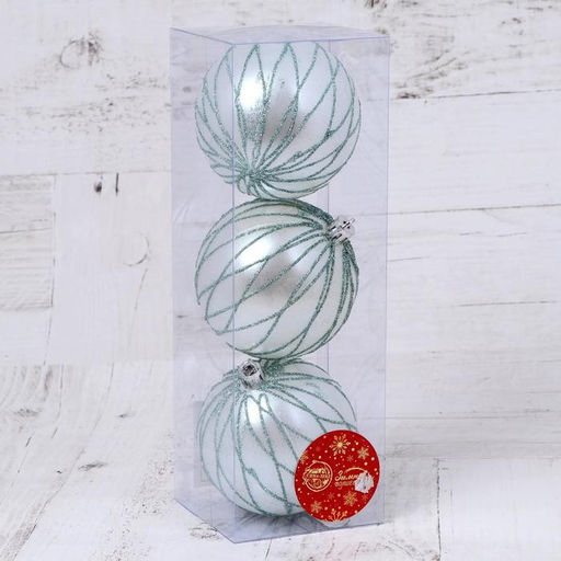 Ёлочные игрушки Геометрический полосы, шары новогодние, d=8 см, набор 3 шт., зелёно-белый - Зимнее волшебство фото 2