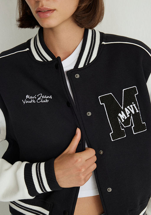 M Logo Patchli Siyah Bomber Ceket - Mavi фото 6