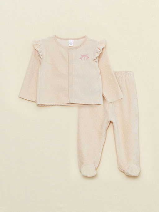 Bisiklet Yaka Uzun Kollu Nak?? Detayl? K?z Bebek H?rka ve Pantolon 2li Tak?m