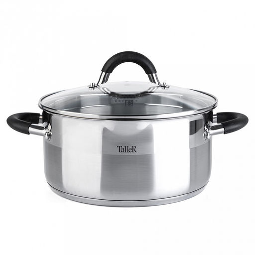 Кастрюля из нержавеющей стали "Ковентри" 4л, д22см, h11см, 0,6мм, дно s2,8мм, полировка внешняя комбинированная, внутренняя матовая, стеклянная жаропрочная крышка, обод крышки металлический, пароотвод, ручки с силиконовыми вставками, мерная шкала, цв