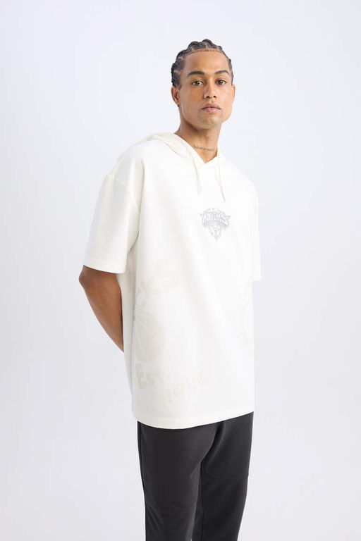 Мужская футболка оверсайз с капюшоном и принтом DeFactoFit NBA New York Knicks с короткими рукавами  фото 4