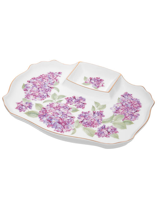 Блюдо д/шашлыка 27*20,5*2,5 см "Сирень" с соусницей, фарфор NEW BONE CHINA