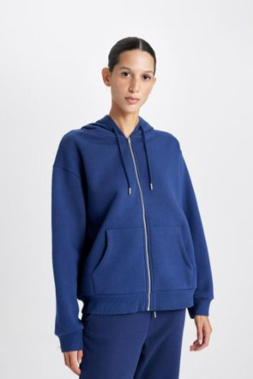 Relax Fit Kapusonlu Cepli Basic Duz Fermuarl? Sweatshirt