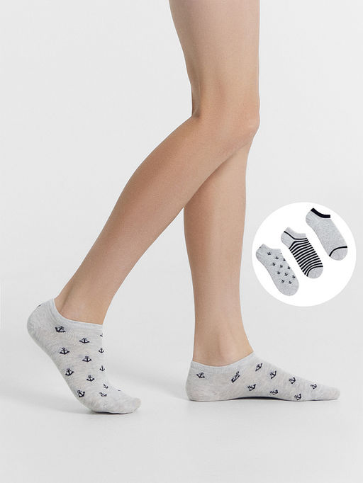 Носки детские мультипак (3 пары) серые с рисунком в виде морских якорей и полосок